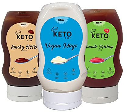 Keto Chef Vegan Diet Sweetener Sauces – Vegan Mayo & Smoky BBQ & Tomato Ketchup, Suitable for Vegans, No Added Sugar Low Calorie Sauce, No Artificial Flavors | Keto Chef Diet Sauces (300ml) Pack of 3