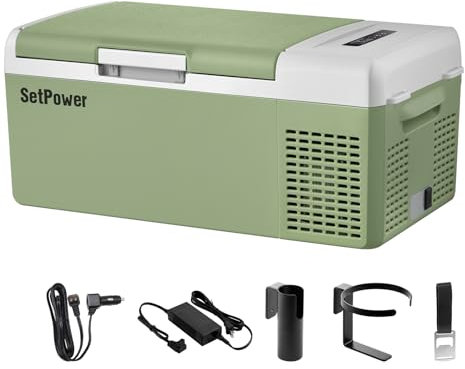 Setpower FC15 12V Portable Refrigerator, 15L/15.8Qt Fast Cooling Car Refrigerator, Portable Freezer 12/24V DC and 110/240V AC, Electric Cooler (Green, 15L with