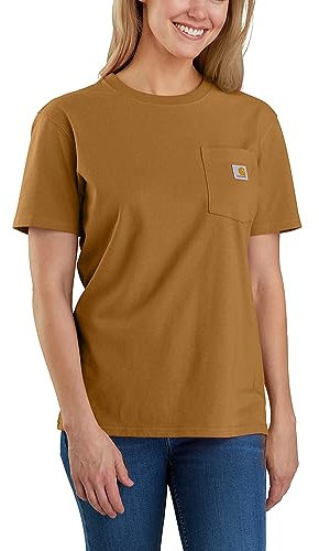 Carhartt Damen-T-Shirt, lockere Passform, schwer, kurze Ärmel, Brusttasche, Braun (Carhartt Brown), Groß