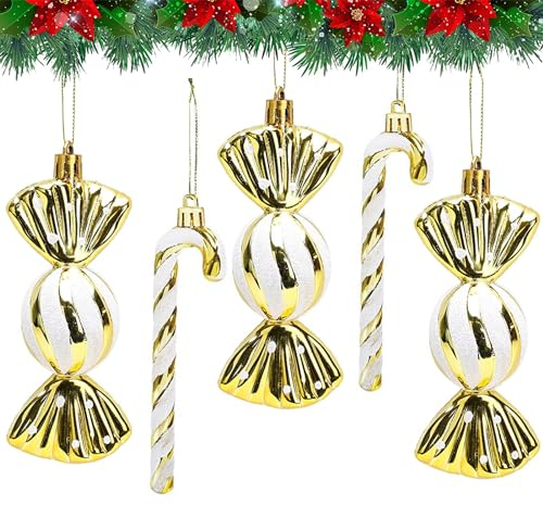 Palline di Natale Grandi Palline di Decorazione Bastoncino di Zucchero 18 Pezzi Palline di Natale Glitter Decorazioni per l'Albero di Natale in Oro e Bianco Simpatici Ornamenti Natalizi(12CM)