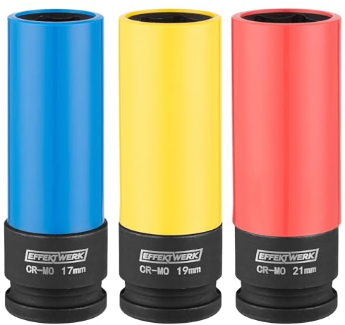 Effektwerk Juego de vasos de impacto de 3 piezas (17 mm, 19 mm y 21 mm), vasos profundos de 1/2 pulgada (12,5 mm) para tuercas de ruedas, uso con llave de impacto y trinquete manual