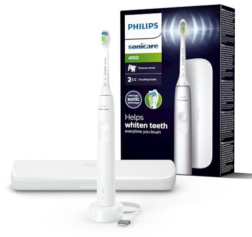 Philips Sonicare 4100 – Philips Sonicare Elektrische Zahnbürste für Erwachsene mit 1 x Philips W2 Optimal White Sonic Bürstenkopf in Weiß, schlankem Reiseetui und USB-Ladegerät (Modell HX3683/33)