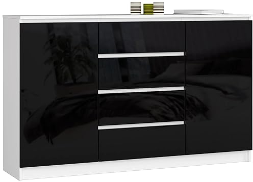 AKORD Commode K 160 cm 4 Tiroirs et 2 Portes pour Le Salon| Chambre | Bureau | Bureau Design Moderne | Fonctionnel Panneau Stratifié 16mm | Couleur Noir Brillant
