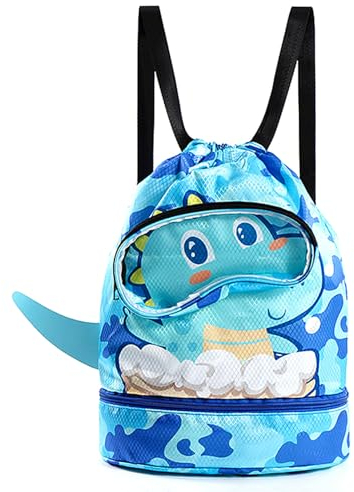 bainuote Schwimmtasche Kinder Turnbeutel Mädchen Jungen Wasserdicht Schwimmrucksack Wochenend Sporttasche Strandrucksack mit Kordelzug, mit Nassfach und Trockener (Blau, Kleiner Dinosaurier)