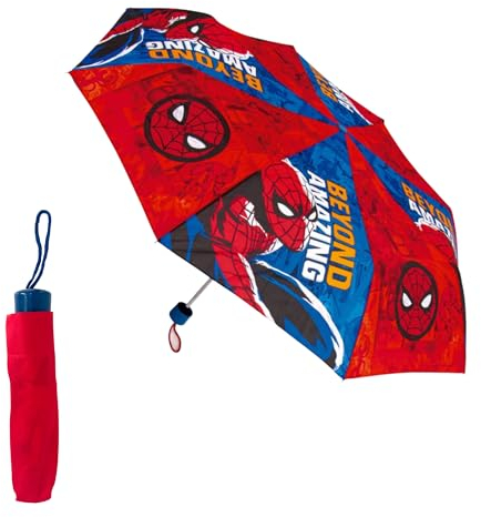 Marvel Spiderman Kompakter Faltschirm, Kinderschirm, Hochfeste Struktur, Klassischer Regenschirm im Spiderman Design – Blau