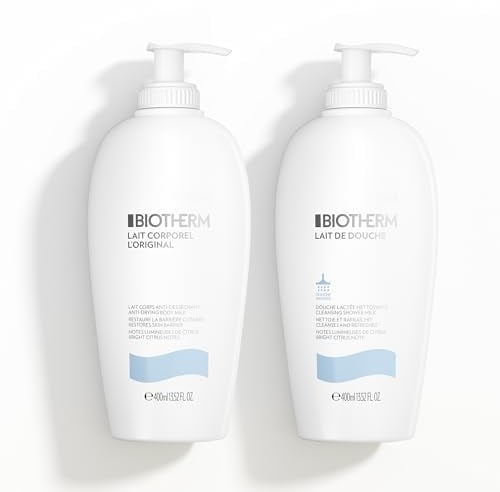 Biotherm Pflege-Duo mit Lait Corporel L'Original Körperlotion 400 ml & Lait De Douche Duschgel 400 ml, feuchtigkeitsspendende Körperpflege mit Life Plankton & Zitrusduft für geschmeidige Haut