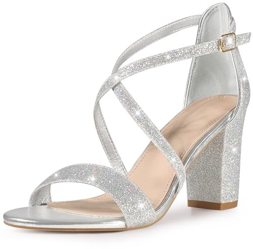Perphy Glitter Sparkly Dress Pumps Open Toe Crisscross Strap Chunky Heel Sandals for Women Silver 5 UK/Label Size 7 US