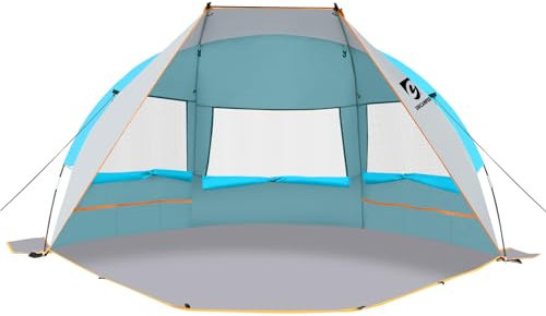 Unicamper Strandzelt für 2–3 Personen, Sonnenschutz, UPF 50+, mit verlängertem wasserdichtem PE-Boden und 3 aufrollbaren Fenstern aus Netzgewebe, tragbarer Strandschatten, einfache Einrichtung für