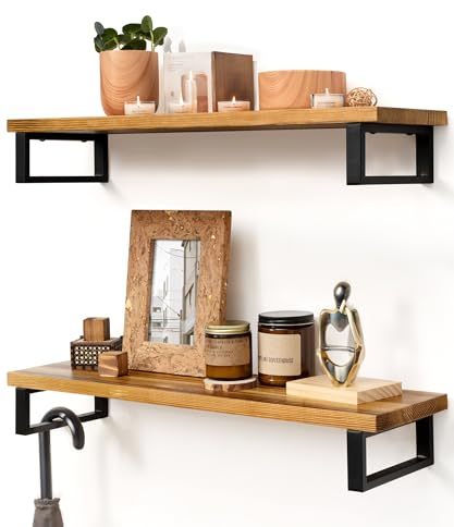 SUMGAR Floating Shelves for Wall Shelf Unit 60cm Long for Kitchen Bedroom Bathroom Storage Wooden Rustic Organiser Shelving Display for Living Room Home Decor with Brackets Set of 2
