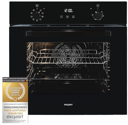 Exquisit Einbaubackofen EBE257-H-020 schwarz | Energieeffizienzklasse A | 59 l Garraum | Umluft | Display | Einbaubackofen 60 cm