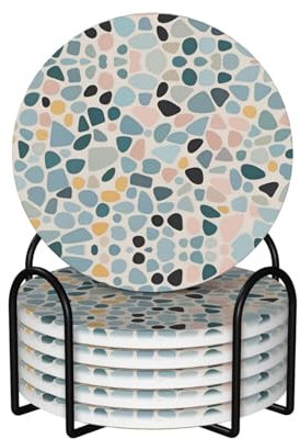 Lot de 6 dessous de verre ronds en céramique, motif marbré terrazzo pastel, fond en liège antidérapant, compatible avec toutes les tasses à café, verres et tasses