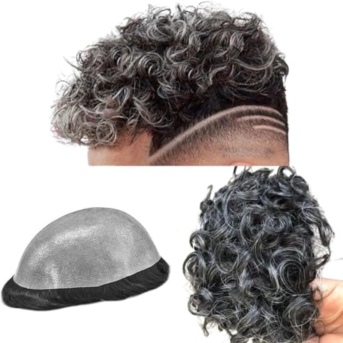 Toupet für Männer, Echthaar Perücken, Herren Toupet mit weichem PU-Haar, 10mm gewellte Herrenperücke Toupet Haar,10 x 8 (#1B20 80% Schwarz + 20% Weiß)