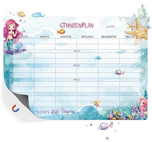 TOBJA Meerjungfrau Stundenplan abwischbar für Grundschule DIN A4 Magnettafel | Stundenplan magnetisch | 1 Klasse Geschenk Mädchen (magnetisch ohne Stift)