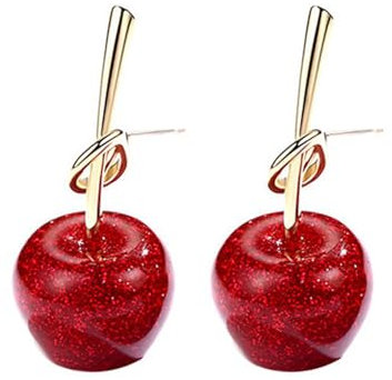 QLEUIFT 1 Paar Rote Kirsche Tropfen Ohrringe 3D Obst Baumeln Ohrring niedlich für Frauen Mädchen, rot mit Sternen
