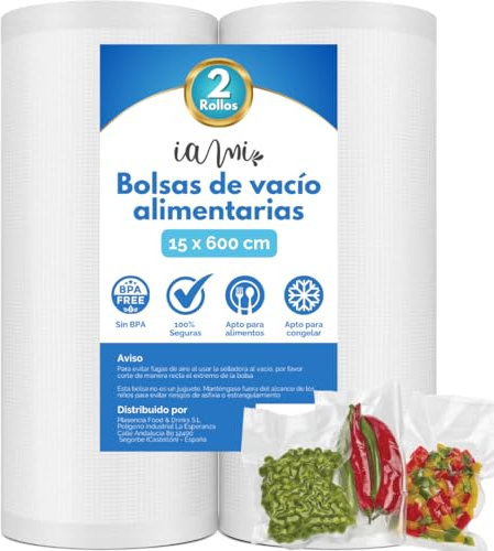 Rollos Bolsas de Vacio Alimentarias - 15 x 600 cms - PACK 2 ROLLOS Bolsas Vacio Alimentos para Envasadora al Vacío - Bolsas Vacio Gofradas