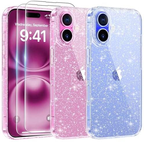 AROYI 3 in 1 Clear Glitter Case for iPhone 16 Plus Case with 2 Tempered Glass Screen Protector, Soft Bumper Anti-Scratch Sparkle Bling Women Girls Phone Case for iPhone 16 Plus 6.7
