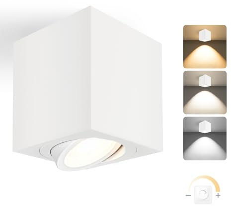 YindaLux LED Aufbauspot Weiß 30° Schwenkbar Ø80x84mm Deckenspot Dimmbar, inkl. 5W 500LM LED Modul 230V, 3000K/4000K/6500K, Aluminium Aufputz Spots Modern Aufbaustrahler Aufbauleuchte Eckig 1 Stück