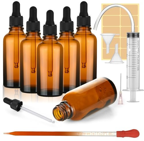 AYBUY 6Pcs 50ml Amber Glass Bottle with Glass Pipette, Glass Dropper Bottle with Funnel, Brown Glass Bottles Refillable for Essential Oils Aromatherapy Makeup Massage Laboratory