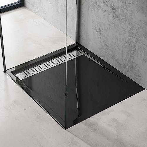 doporro Receveur de Douche Noir Bac à Douche Extra Plat Carré en Acrylique 90x90x5cm + Bonde AL01 Design Xetro04