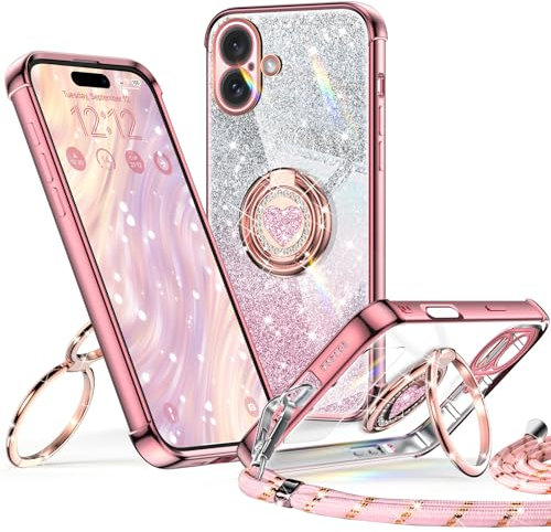 XYZ for iPhone 16 Case with Stand, Soft Cute Luxury Love Heart with Lanyard for Women Girls, Double Ring Bling Glitter Clear Protective Phone Cover Case for iPhone 16 - Pink