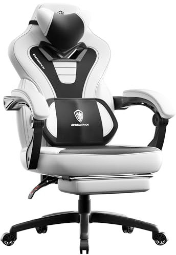 Dowinx Gaming Chair with Footrest, Gaming Chair for Heavy People, Gamer Chairs for Adult with Massage, Computer Chairs with PU for 200lbs (White)