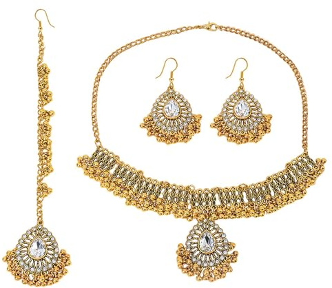 Niaspi Bohemian Jewelry Set for Women Vintage Beaded Tassel Ethnic Indian Jhumka Statement Drop Earrings Necklace Head Chain Teardrop Cubic Zircon Retro Bollywood Gypsy Jewelry(Classic CZ)