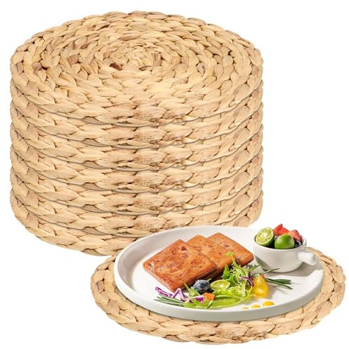 MUKSEUT 8 Pack 30cm Woven Round Placemats, Natural Water Hyacinth Weave Table Mats, Braided Straw Tablemats for Table, Coasters, Pots, Pans