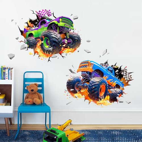 Decvictor Wandtattoo 3D Rennwagen Wandaufkleber Lkw-Fahrzeuge Wandsticker Kinderzimmer Babyzimmer Jungenzimmer Wanddeko