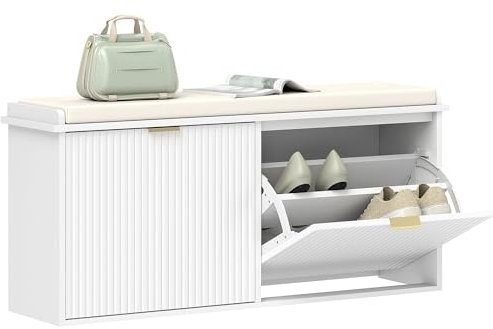 HOMCOM Shoe Bench with Padded Seat Cushion and Flip-Drawer, Shoe Cabinet Holds up to 240kg for Hallway, Entryway and Porch, 104x26x47.5cm, White