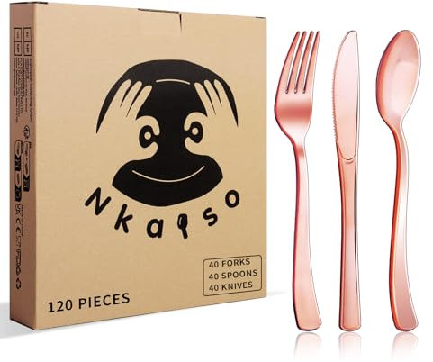 Nkaiso 120 Piezas Vajilla de fiesta, Oro rosa Reutilizable Juego de Cubiertos, 40 Tenedores, Cuchillos, Cucharas, Cubiertos de Fiesta, Adecuado Para Fiestas Campamentos Barbacoas