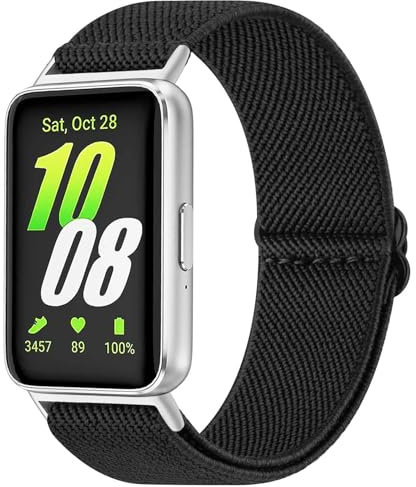 Amzpas Nylon Armband Kompatibel mit Samsung Galaxy Fit 3 Armbänder für Damen Herren, Elastische Uhrenarmband Loop Dehnbare Ersatzarmband für Samsung Galaxy Fit 3 SM-R390 (Schwarz)
