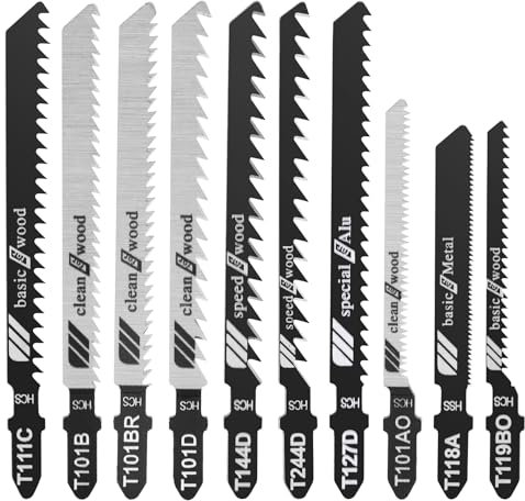 SINGTIP Lames de Scie Sauteuse 10 Pièces, Lames T-Shank Universelles, Lame de Scie à Métaux à Haute Teneur en Carbone, Lame de scie Idéal pour le bois, le plastique et le métal