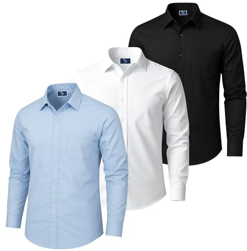 STYLER | STREET Men’s 3 Pack smart Casual Shirt Long Sleeve Regular Fit Shirt with Pocket, Lightweight Breathable Comfortable Oxford Workwear Shirt, S-2XL, White Black Sky Blue