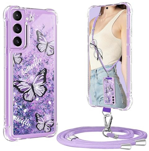 XCYYOO Funda para Samsung Galaxy A55 con Cuerda, Liquida Fundas Samsung A55 5G con Colgante Ajustable Collar Carcasa Transparente Silicona TPU Brillante Antigolpes Protector Case - Morada