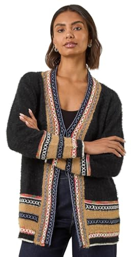 Roman Originals Cross Stitch Detail Knit Cardigan for Women UK - Ladies Everyday Autumn Winter V-Neckline Comfy Soft Evening Vacation Work Party Night Out - Black - Size 12