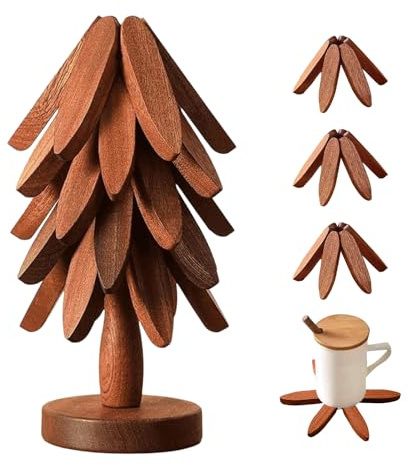 Juego de salvamanteles de madera para árbol – Salvamanteles antideslizantes | Salvamanteles de madera plegables para platos calientes | Posavasos de árboles de Navidad | Soporte apilable para platos