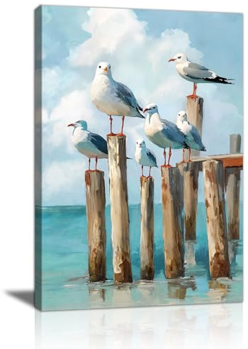 FajerminArt Möwe Landschaft Leinwand Bilder Mit Rahmen, Blau Seevögel in Ruhe Bild Auf Leinwand Natur Vögel Wandbilder Poster Zuhause Wanddeko für Badezimmer Büro Wohnzimmer Schlafzimmer 30x40cm