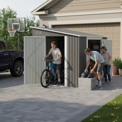 Cobertizo de metal de 6 x 8 pies (1,8 x 2,4 m) con puertas dobles y kit de suelo, resistente a la intemperie como garaje de bicicletas y cobertizo para cortacésped, motocicleta, herramientas de jardín