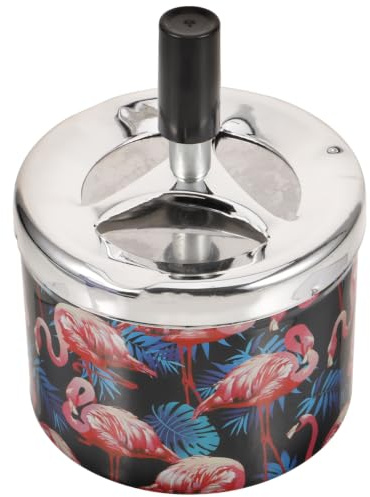 FUOYLOO Rotating Lid Automatic Extinguishing Ashtray | Flamingo Pattern, Metal Material, Creative Gift, Travel Souvenir, for Homes, Offices, or Hotels