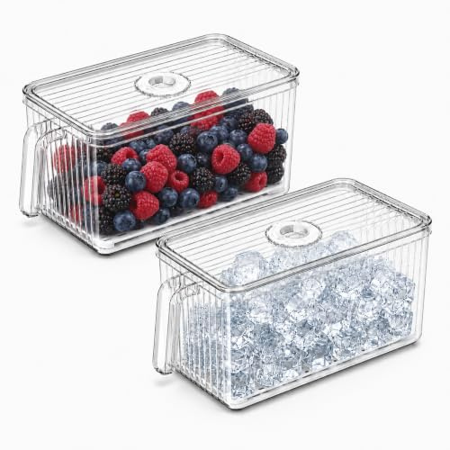 Raoletin 2 Pack Plastic Ice Bucket Fruit Fridge Storage Containers, Stackable Fridge Ice Cube Tray with Lids and Drain Tray, Clear Fruit Storage Containers for Freezer, Shelf and Pantry