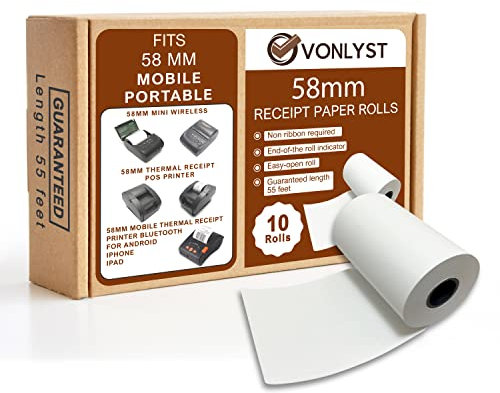 Vonlyst Lot de 10 rouleaux de papier pour imprimante thermique portable 58 mm