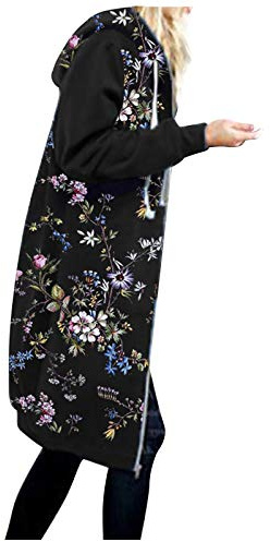 OverDose Damen Herbst Winter Outing Stil Frauen Warm Reißverschluss Clubbing Dating Elegante Hoodies Sweatshirt Langen Mantel Jacke Tops Outwear Hoodie Outwear Kapuzenpullover (Y-Blumendruck 5, 44)