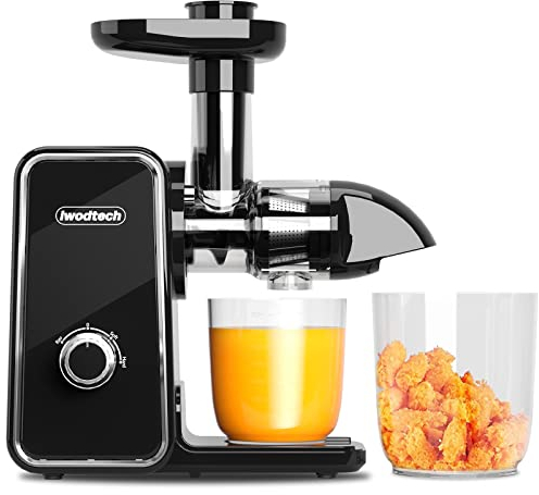 IWODTECH Spremiagrumi con 2 modalità di velocità, spremiagrumi a masticazione lenta per verdure e frutta, senza BPA, facile da pulire, nero