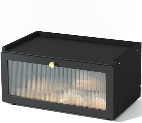 ETMI Grande boîte à pain noire pour comptoir de cuisine, boîte à pain moderne en bambou avec fenêtre