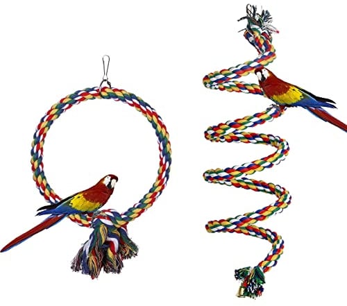 Aedcbaide Juguetes para Loros de pájaro, 2 Paquetes de Juguetes Colgantes para periquitos, Loros, Juguetes Colgantes con Campana, Cuerda de algodón de 149 cm y 17,8 cm de diámetro para Colgar pájaros