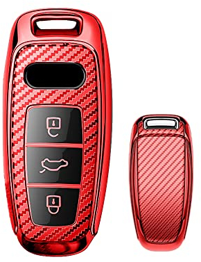 HIBEYO Autoschlüssel Hülle Geeignet für Audi,Schlüsselhülle Cover für Audi 2019 2020 2021 A6 A6L A7 E-Tron A8 Q8 Smart Keyless Entry 3 Tasten Autoschlüssel Schlüsselbox(Rot-Carbon)