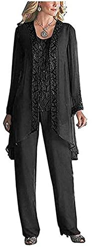 Women's 3 Pieces Chiffon Dress Mother of The Bride Pants Suits with Beaded Jacket Wedding Outfit Evening Gown Black UK20