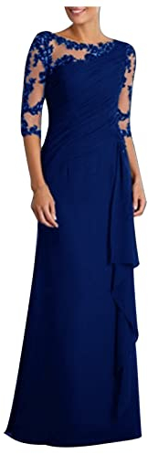 Abendkleid Damen Elegantes Floraler Spitze Patchwork Cocktailkleid Rundhals Mittleren Ärmeln Ballkleid Bodenlanges langes Maxikleid Partykleid mit Rüschensaum Einfarbig Brautkleid Hochzeitskleid