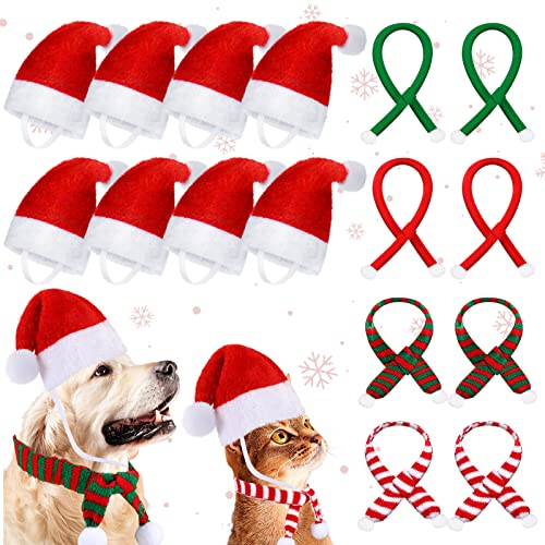 16-teiliges Haustier-Weihnachtsmann-Mütze mit Schal, enthält 8 Mini-Weihnachtsmützen mit verstellbarem Kinnriemen und 8 kleine Tier-Schals für Weihnachten, Urlaub, Partyzubehör, Puppen-Dekorationen