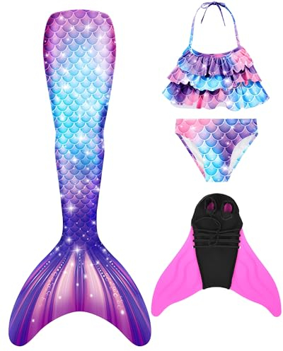 NAITOKE meerjungfrauenflosse mädchen Badeanzug - Meerjungfrau Flosse Bademode mit Bikini Set und Monoflosse Mermaid Tail, 4 Stück Set
